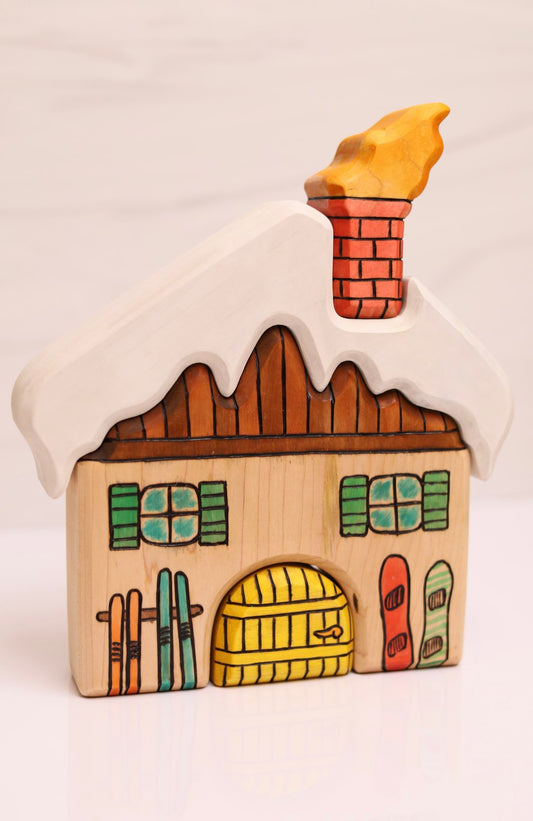 Large Wooden 4-Piece Ski Lodge Stacking Puzzle