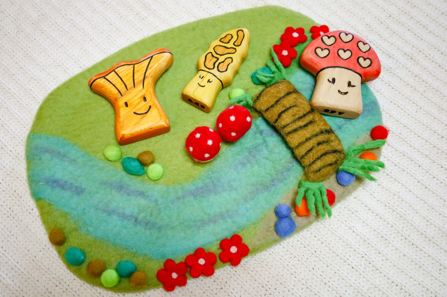 Mushroom Stream With Bridge Felted Playmat