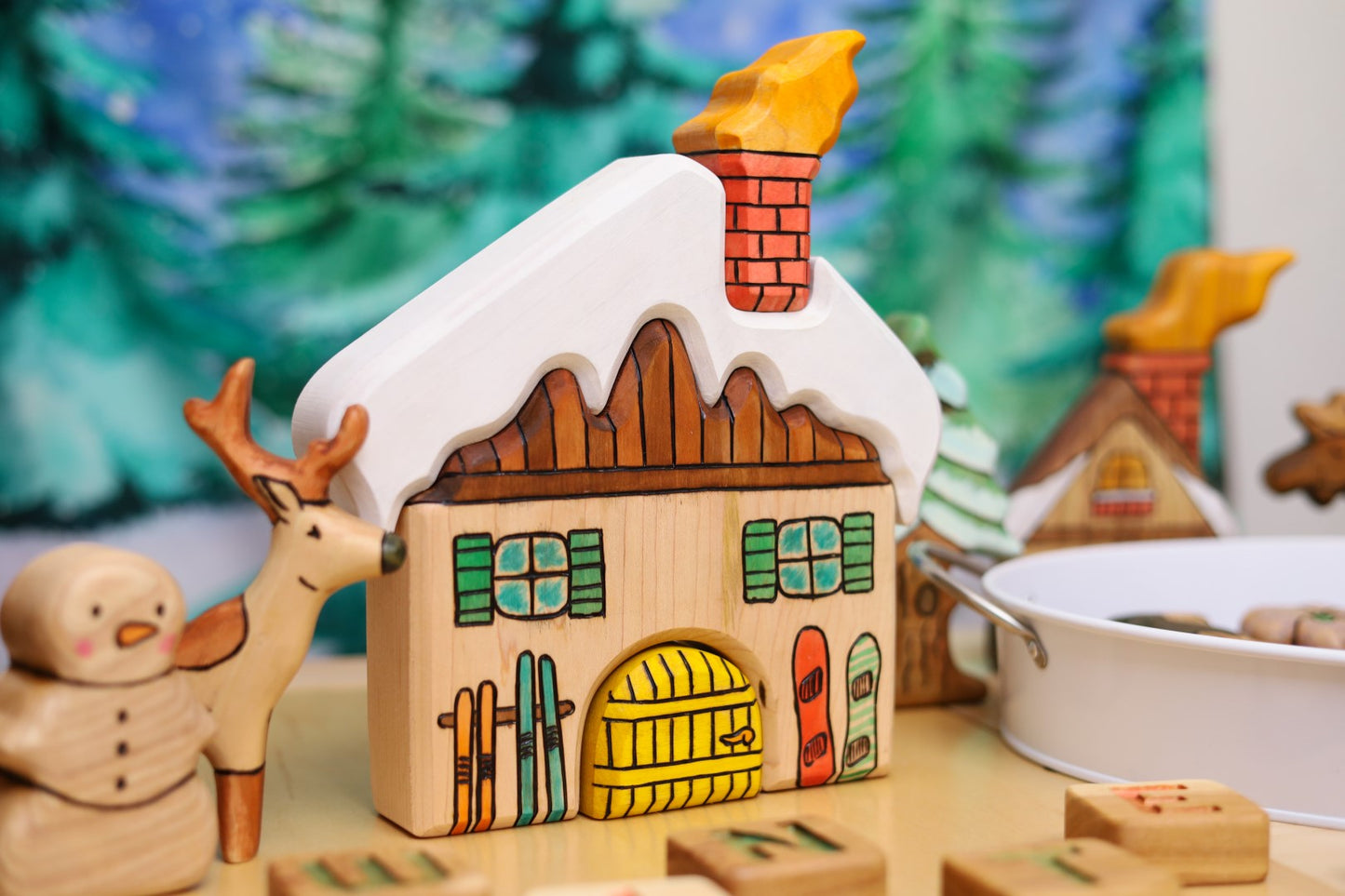 Large Wooden 4-Piece Ski Lodge Stacking Puzzle