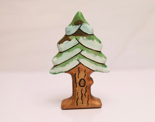 Wooden Snowy Evergreen Knotty Pine Tree Toy