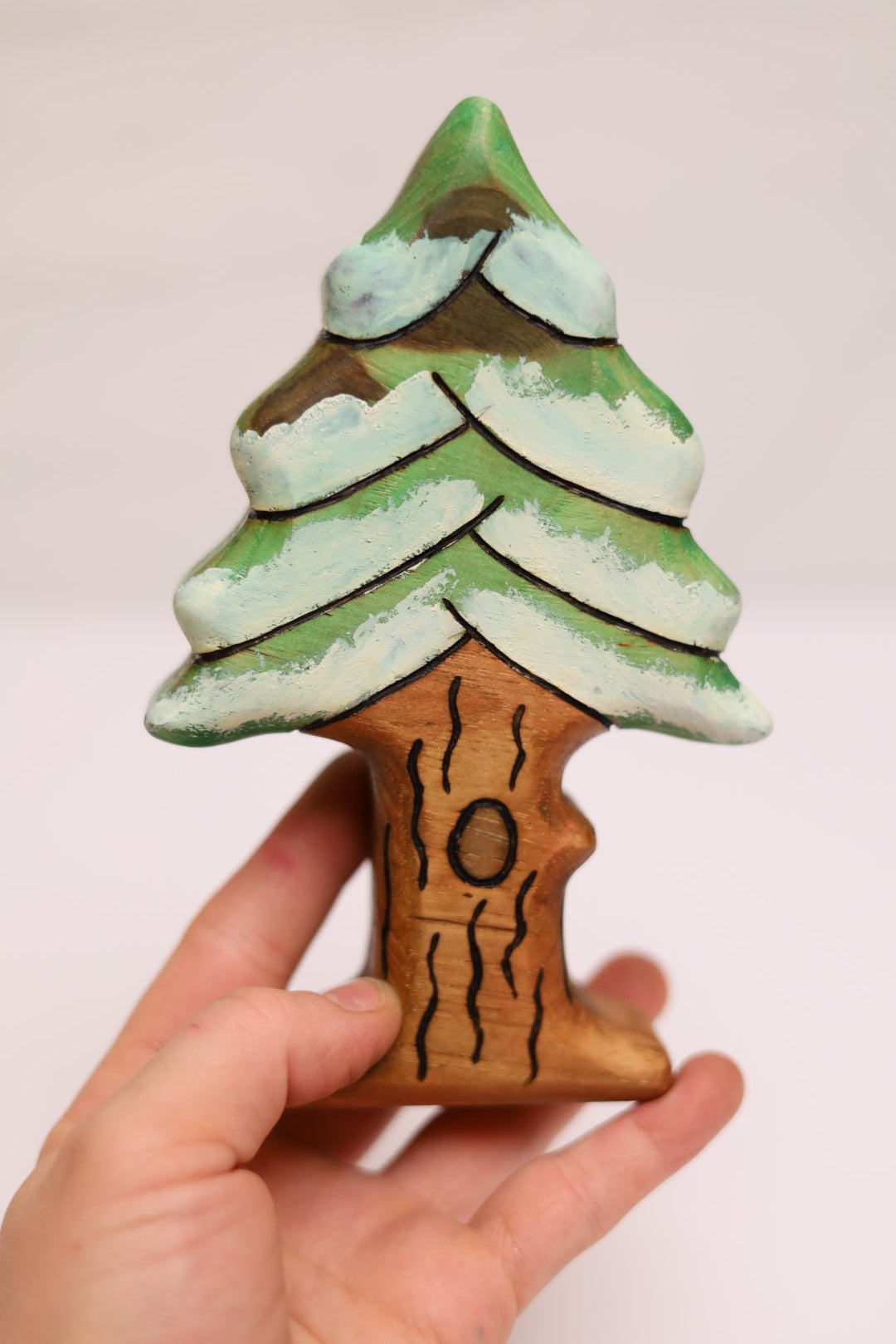 Wooden Snowy Evergreen Knotty Pine Tree Toy