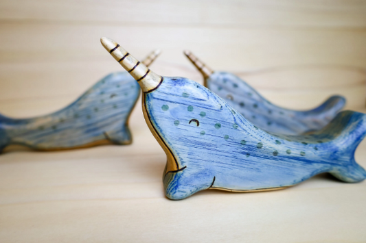 Wooden Narwhal Whale Toy